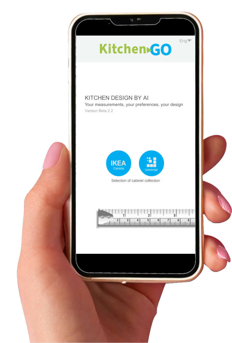 Une main tenant un téléphone qui affiche une cuisine conçue dans l'application KitchenGO